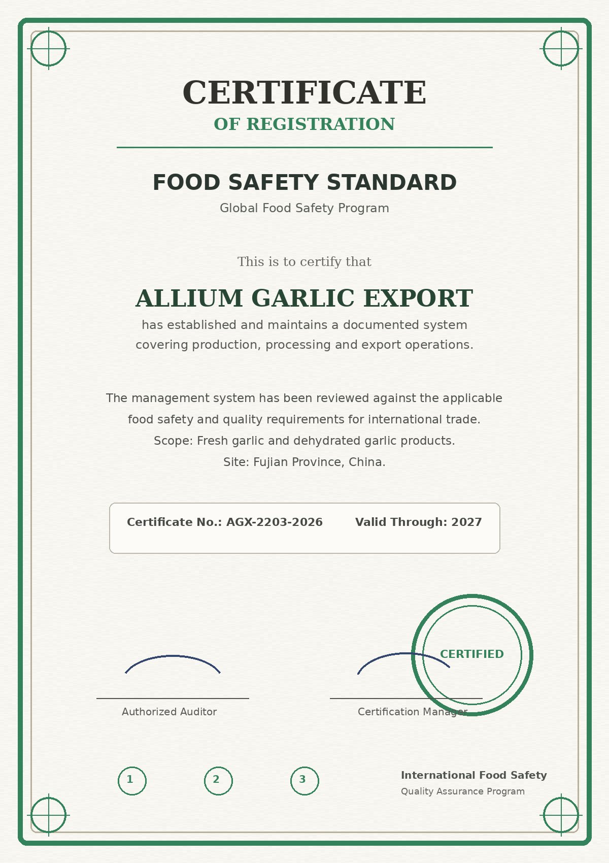 Food safety certificate